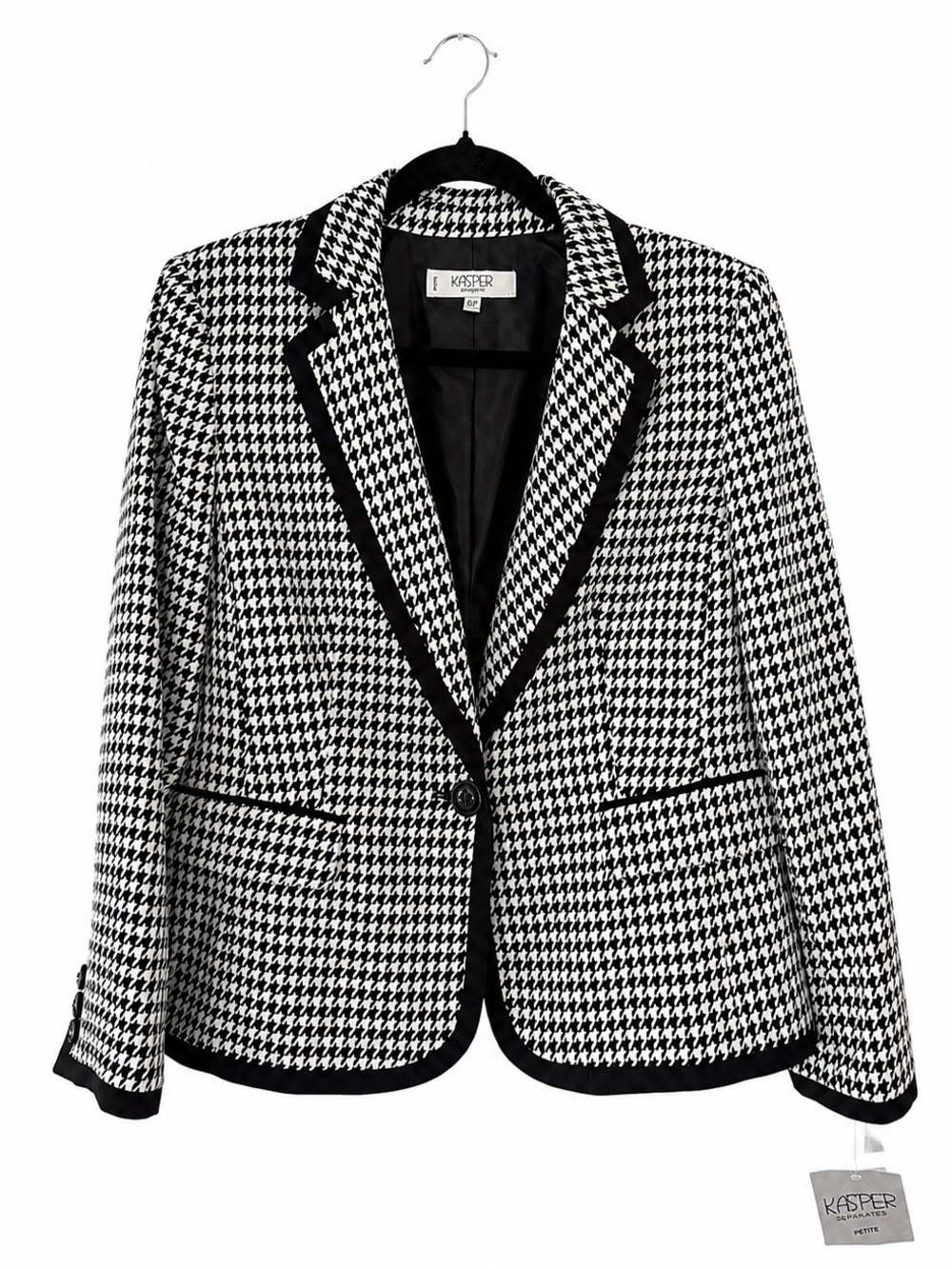 Kasper NWT Black White Houndstooth Blazer Trimmed Jacket Petite 12P Work Career